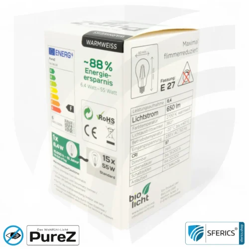6,4 watt LED filament Pure-Z NEO | bright as 55 watts, 650 lumens | CRI 97 | flicker-free | warm white | E27. frosted