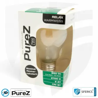 6,4 watt LED filament Pure-Z NEO | bright as 55 watts, 650 lumens | CRI 97 | flicker-free | warm white | E27 13 6,4 watt LED filament Pure-Z NEO | bright as 55 watts, 650 lumens | CRI 97 | flicker-free | warm white | E27. frosted