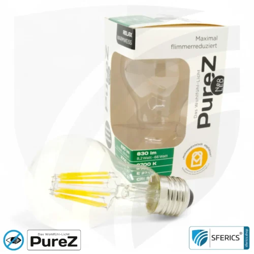 8,2 watt LED filament Pure-Z NEO | bright as 66 watts, 830 lumens | CRI 97 | flicker-free | warm white | E27 | clear