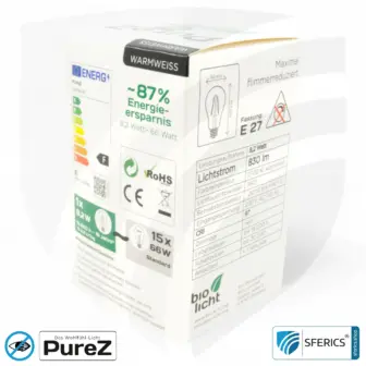 8,2 watt LED filament Pure-Z NEO | bright as 66 watts, 830 lumens | CRI 97 | flicker-free | warm white | E27 12 8,2 watt LED filament Pure-Z NEO | bright as 66 watts, 830 lumens | CRI 97 | flicker-free | warm white | E27 | frosted
