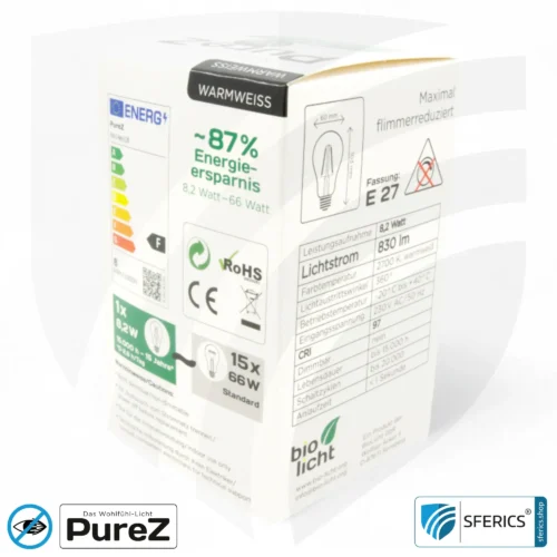 8,2 watt LED filament Pure-Z NEO | bright as 66 watts, 830 lumens | CRI 97 | flicker-free | warm white | E27 | frosted