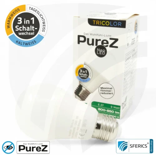 9 watt LED TRICOLOR Pure-Z NEO | 3in1 = 3 switchable light colors | bright like 80 watts, 850 lumens | CRI more than 90 | flicker-free | E27