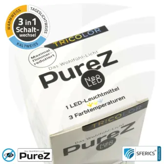 9 watt LED TRICOLOR Pure-Z NEO | 3in1 = 3 switchable light colors | bright like 80 watts, 850 lumens | CRI >90 | flicker-free | E27 13 9 watt LED TRICOLOR Pure-Z NEO | 3in1 = 3 switchable light colors | bright like 80 watts, 850 lumens | CRI more than 90 | flicker-free | E27