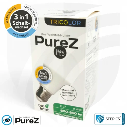9 watt LED TRICOLOR Pure-Z NEO | 3in1 = 3 switchable light colors | bright like 80 watts, 850 lumens | CRI more than 90 | flicker-free | E27