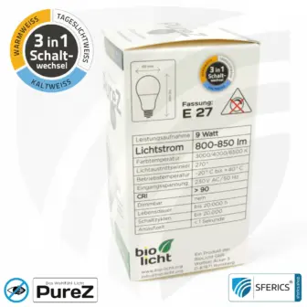 9 watt LED TRICOLOR Pure-Z NEO | 3in1 = 3 switchable light colors | bright like 80 watts, 850 lumens | CRI >90 | flicker-free | E27 11 9 watt LED TRICOLOR Pure-Z NEO | 3in1 = 3 switchable light colors | bright like 80 watts, 850 lumens | CRI more than 90 | flicker-free | E27