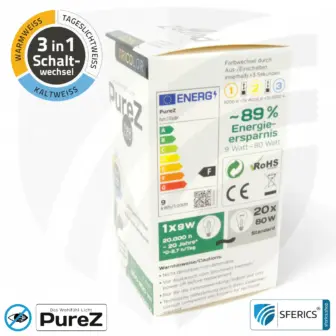 9 watt LED TRICOLOR Pure-Z NEO | 3in1 = 3 switchable light colors | bright like 80 watts, 850 lumens | CRI >90 | flicker-free | E27 12 9 watt LED TRICOLOR Pure-Z NEO | 3in1 = 3 switchable light colors | bright like 80 watts, 850 lumens | CRI more than 90 | flicker-free | E27