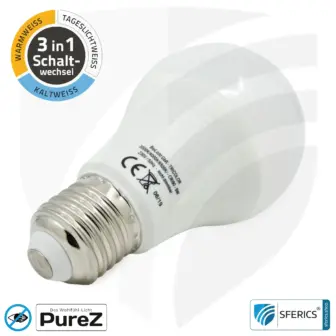 9 watt LED TRICOLOR Pure-Z NEO | 3in1 = 3 switchable light colors | bright like 80 watts, 850 lumens | CRI >90 | flicker-free | E27 10 9 watt LED TRICOLOR Pure-Z NEO | 3in1 = 3 switchable light colors | bright like 80 watts, 850 lumens | CRI more than 90 | flicker-free | E27