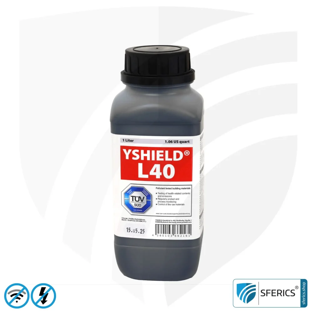 Shielding Paint SAFEBUILD L40 for Technical Applications | RF Shielding Effectiveness Against Electrosmog up to 90 dB at 40 GHz | No Graphite Effect = Does Not Smudge or Rub Off | TÜV SÜD Certified