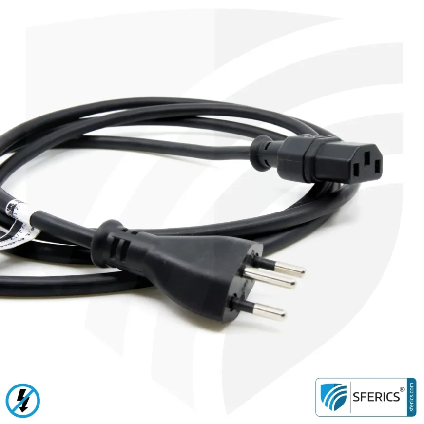 Shielded IEC cable, Type J with C13 plug (Switzerland, Liechtenstein, ...) | black ( | 2 meters | Cold device connection cable for shielding electrical and magnetic alternating fields LF