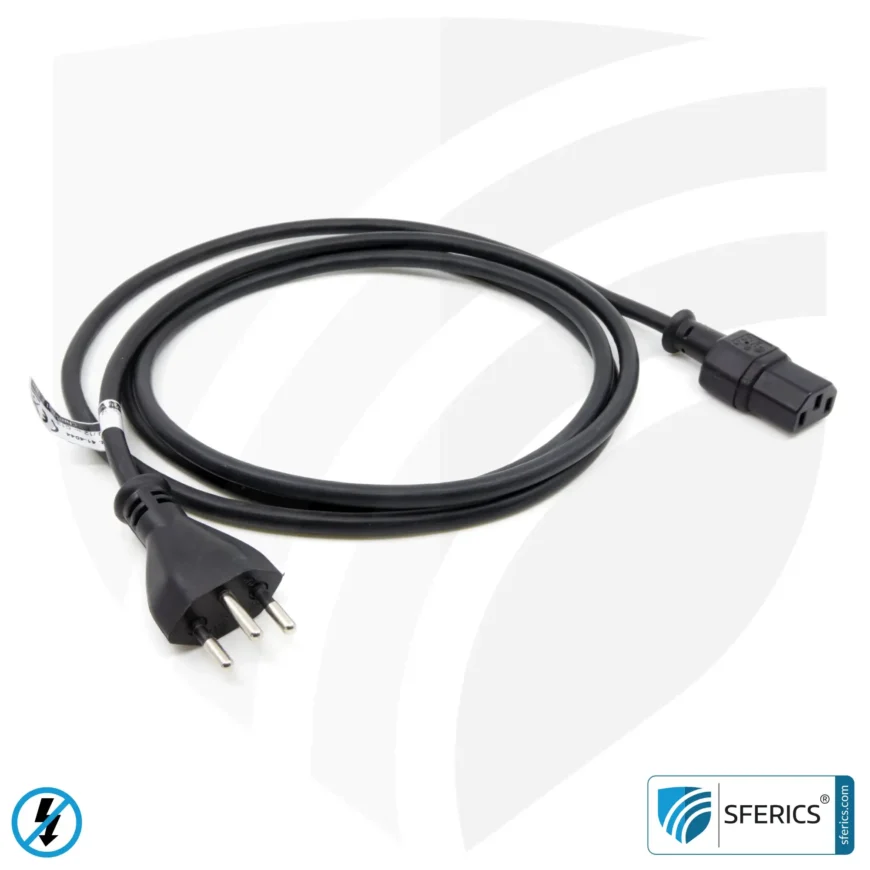 Shielded IEC cable, Type J with C13 plug (Switzerland, Liechtenstein, ...) | black ( | 2 meters | Cold device connection cable for shielding electrical and magnetic alternating fields LF